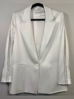 Alice + Olivia White Satin Blazer Denny Crystal Stripe Longline Jacket Size 10